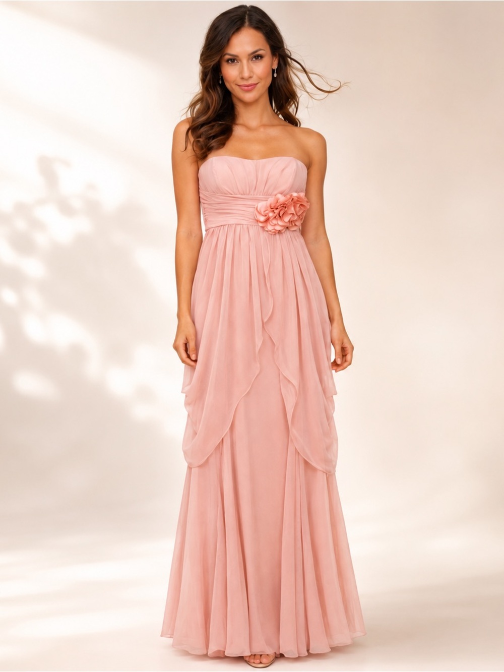 Alex & Sophia Blush Pink Strapless Chiffon Maxi Dress Romantic Bridesmaid Gown